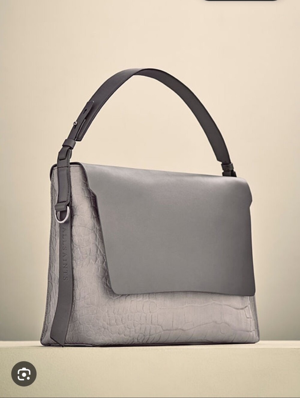All Saints "Paradise" Gray Leather Flap Shoulder Bag, Croc-Embossed
